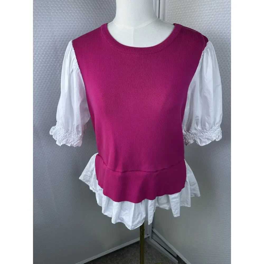 Anthropologie Pink Knit Peplum Top Large Puff Sleeve Cottagecore Coquette Blouse